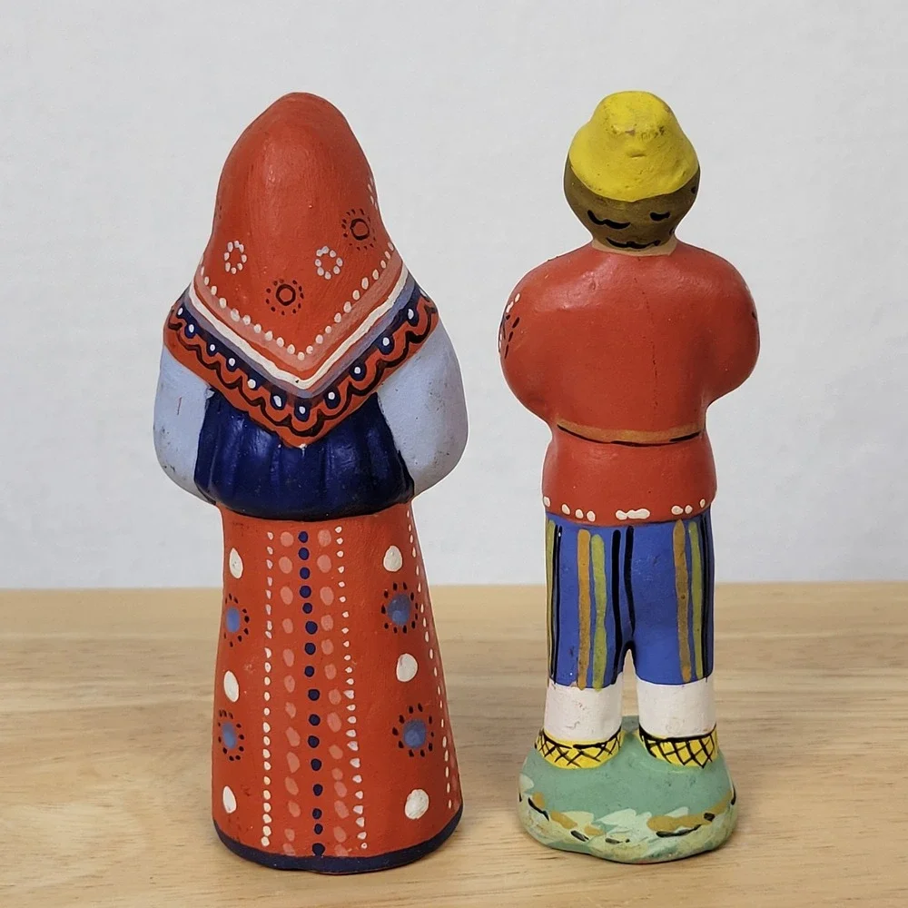 Vintage 90s Russian Pskov Clay Figurine Whistles Folk Art Hand Painted Couple